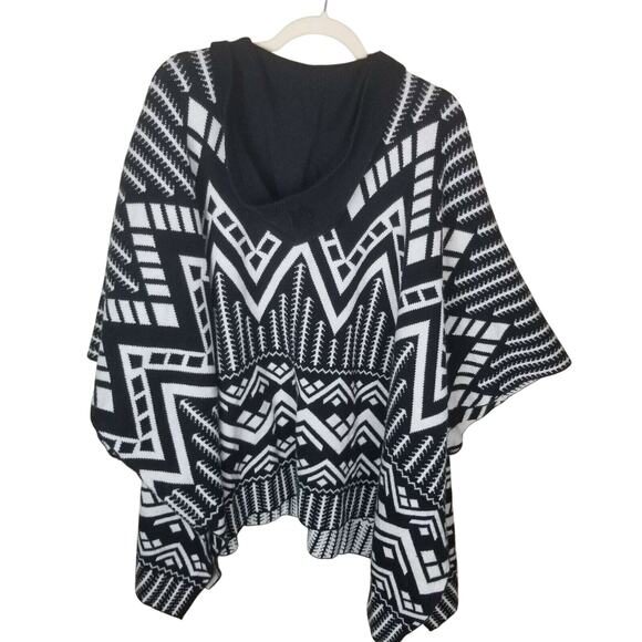 Express Womens Poncho Sweater Geometric Aztec Ethnic Tribal One Size Hooded Boho - Picture 8 of 9